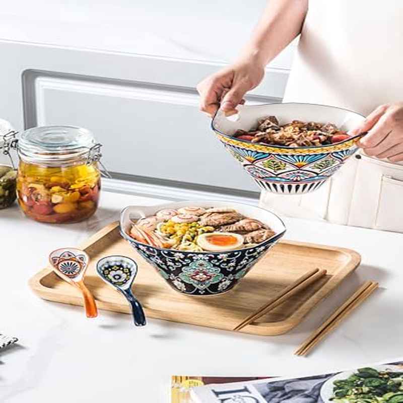 Ceramic Bowls for Udon Soup Salad with Spoon and Chopsticks Microwave Dishwasher Safe