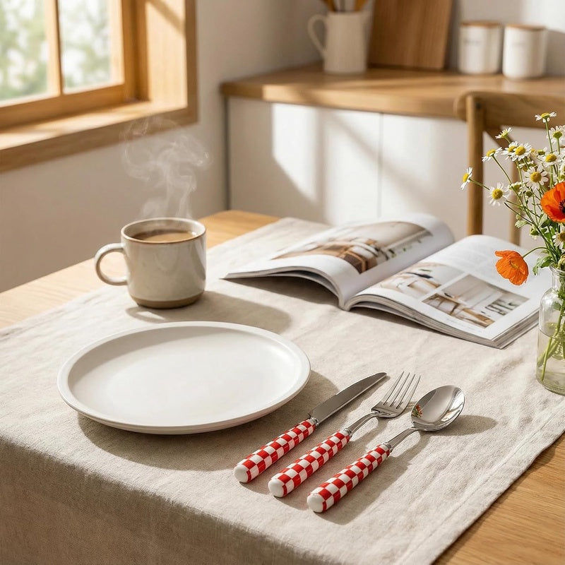 Tableware Set - Red Plaid Ceramic Handle Durable stainless steel Family dinneroutdoor picnic Backyard barbecue Camping trip Cafe Ideal for parties Add a festive atmosphere RED