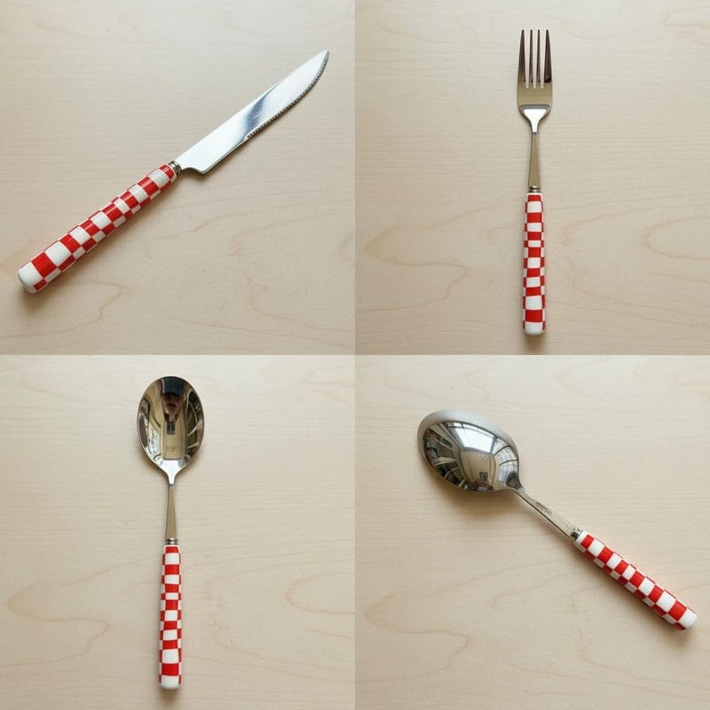 Tableware Set - Red Plaid Ceramic Handle Durable stainless steel Family dinneroutdoor picnic Backyard barbecue Camping trip Cafe Ideal for parties Add a festive atmosphere RED