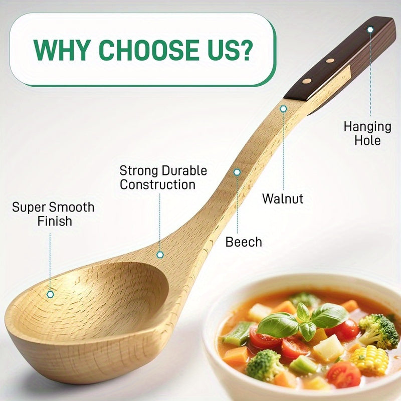 Beech And Walnut Handle Wooden Ladle - Kitchen Tools for Serving - Handcrafted Cooking Ladles - Sturdy Wooden Design