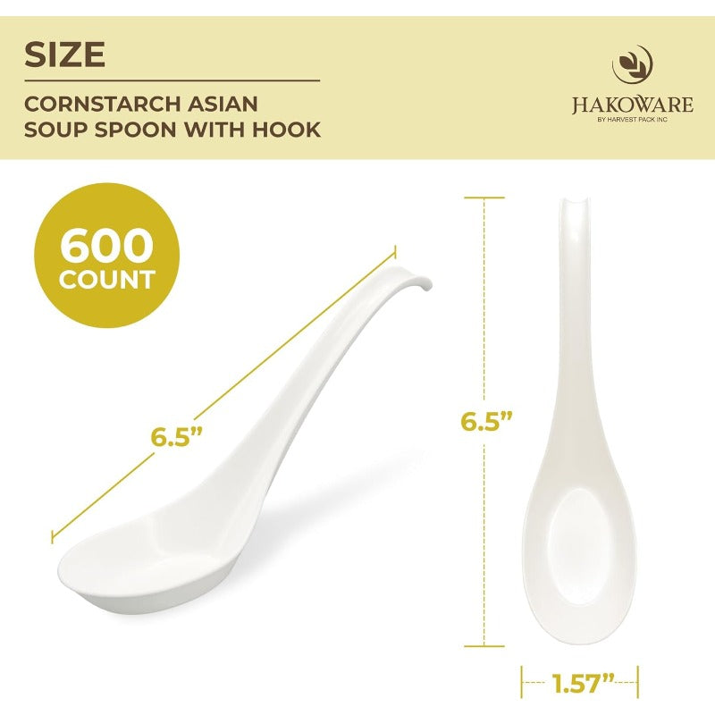 600 COUNT HAKOWARE Disposable Asian Soup Spoons with Hook made from Crystalized Cornstarch for Take-out Ramen Pho Noodles