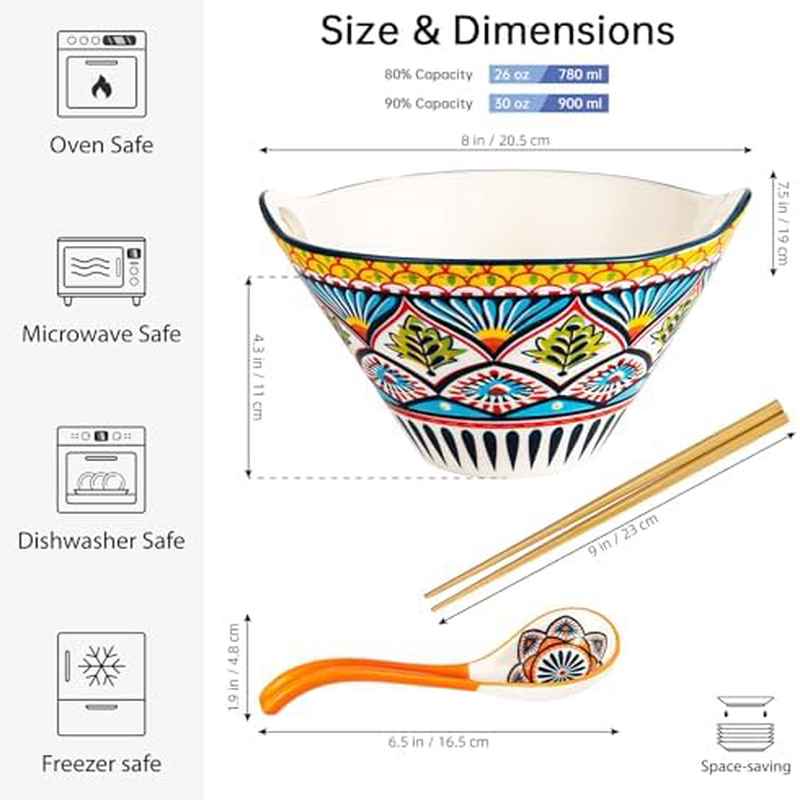 Ceramic Bowls for Udon Soup Salad with Spoon and Chopsticks Microwave Dishwasher Safe