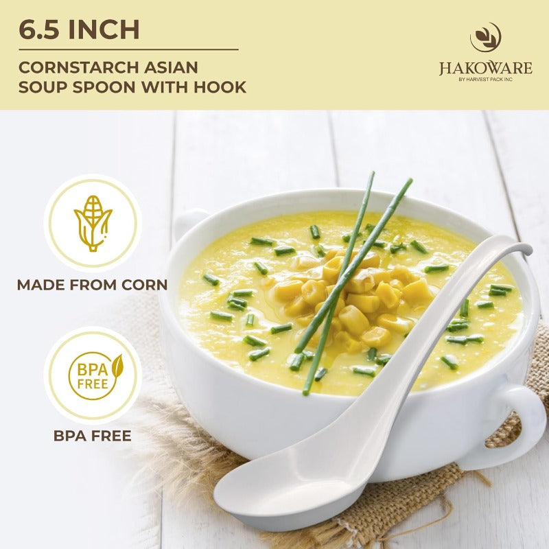 600 COUNT HAKOWARE Disposable Asian Soup Spoons with Hook made from Crystalized Cornstarch for Take-out Ramen Pho Noodles