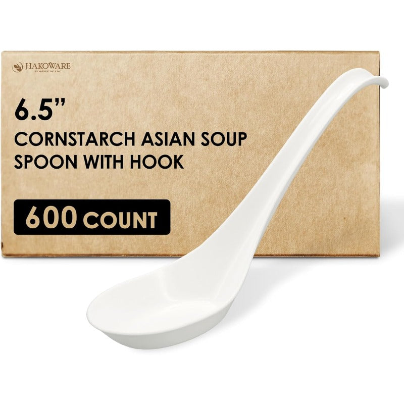 600 COUNT HAKOWARE Disposable Asian Soup Spoons with Hook made from Crystalized Cornstarch for Take-out Ramen Pho Noodles