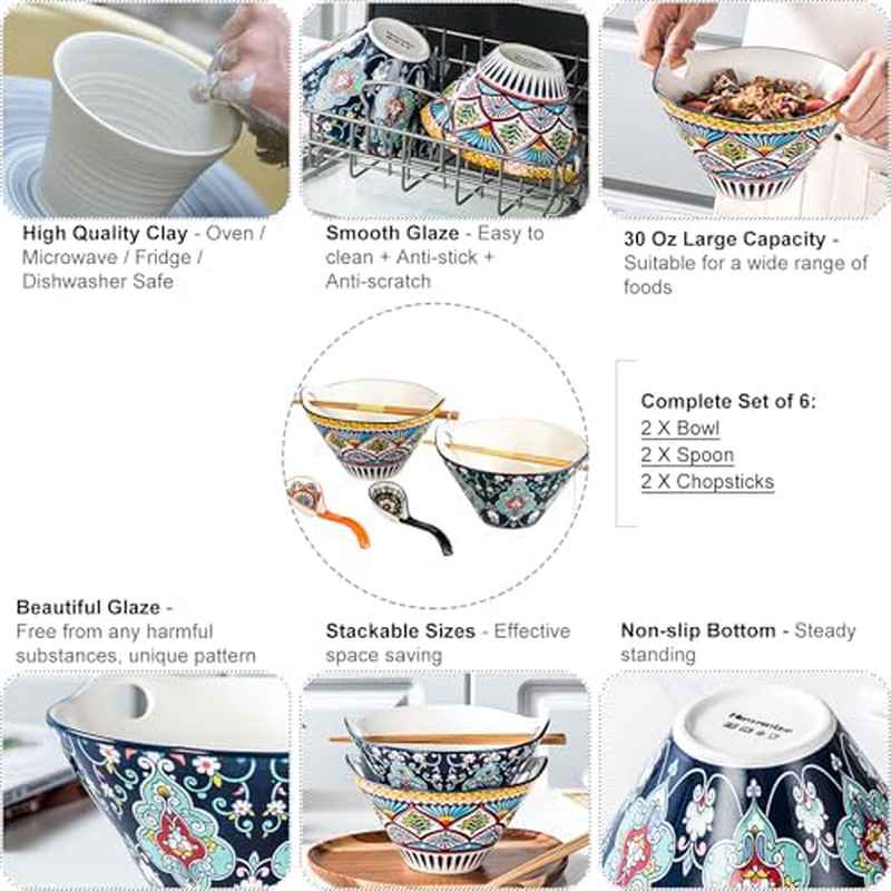Ceramic Bowls for Udon Soup Salad with Spoon and Chopsticks Microwave Dishwasher Safe