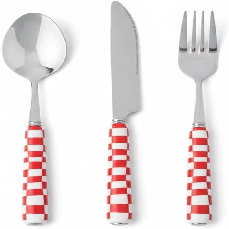 Tableware Set - Red Plaid Ceramic Handle Durable stainless steel Family dinneroutdoor picnic Backyard barbecue Camping trip Cafe Ideal for parties Add a festive atmosphere RED
